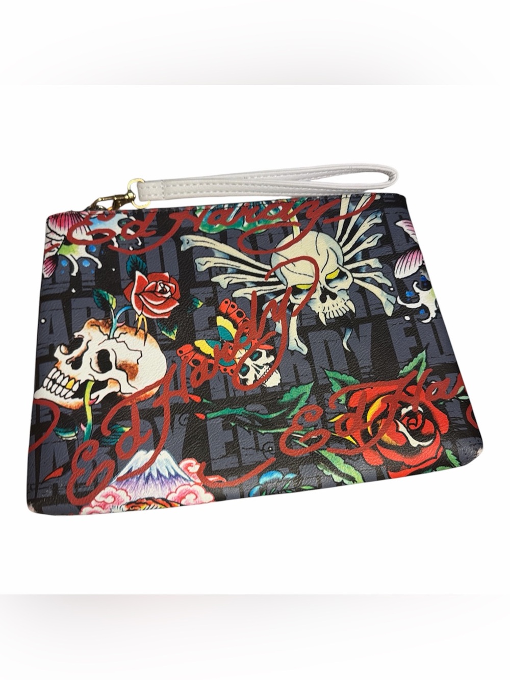 Ed Hardy Tattoo Print Wristlet Clutch Pouch EUC Skulls Roses Y2K